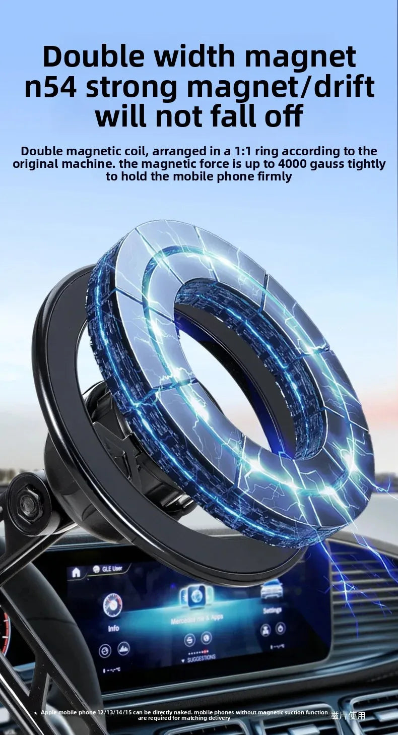Magnetic car phone mount with a blue, glowing circular ring design and a black adjustable mounting arm.