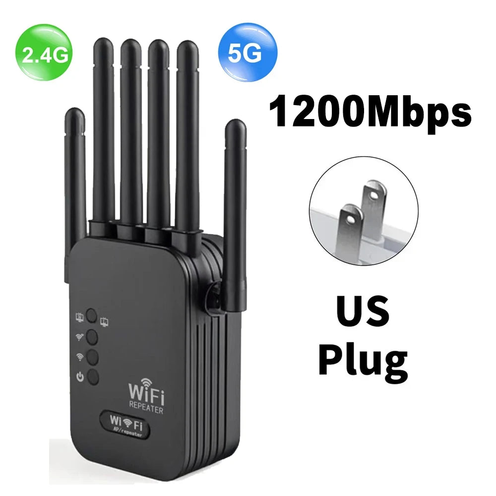 Black 1200Mbps dual-band WiFi repeater with four external antennas and a US plug.