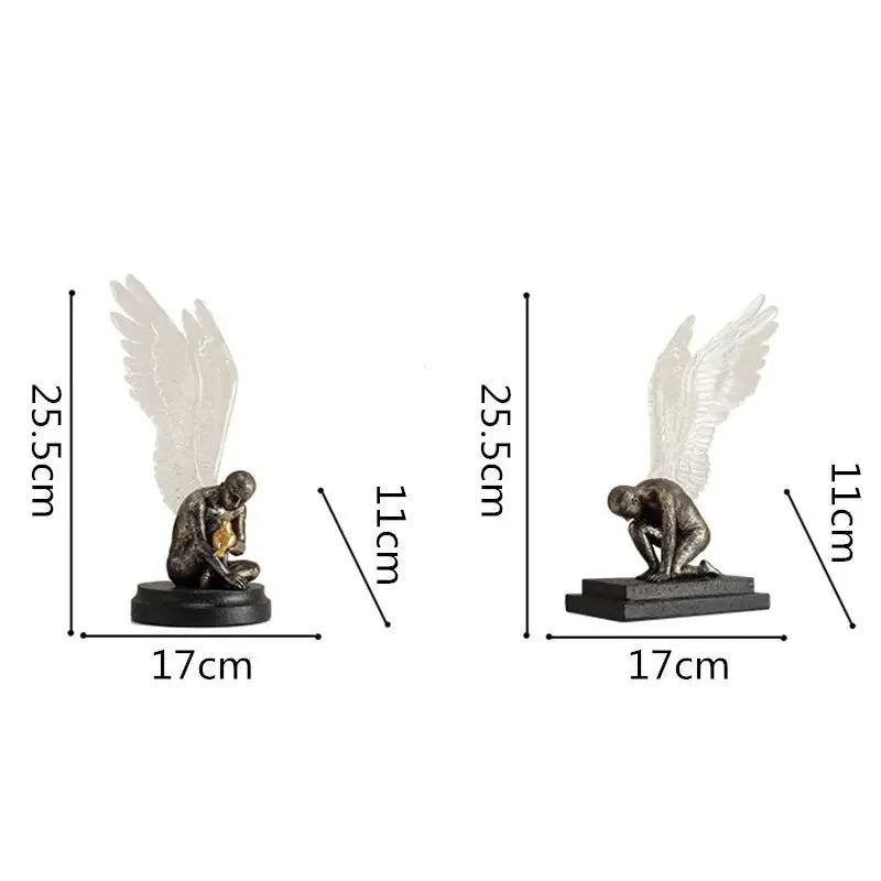 Two grey angel statues with white translucent wings, shown with height, width, and depth measurements.