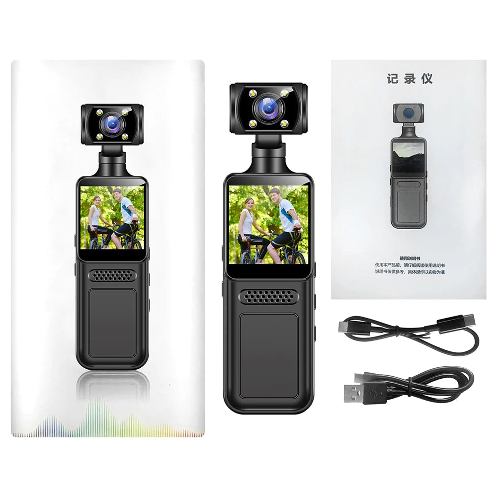 Black plastic dash cam with rotatable lens, screen, user manual, and two USB charging cables.