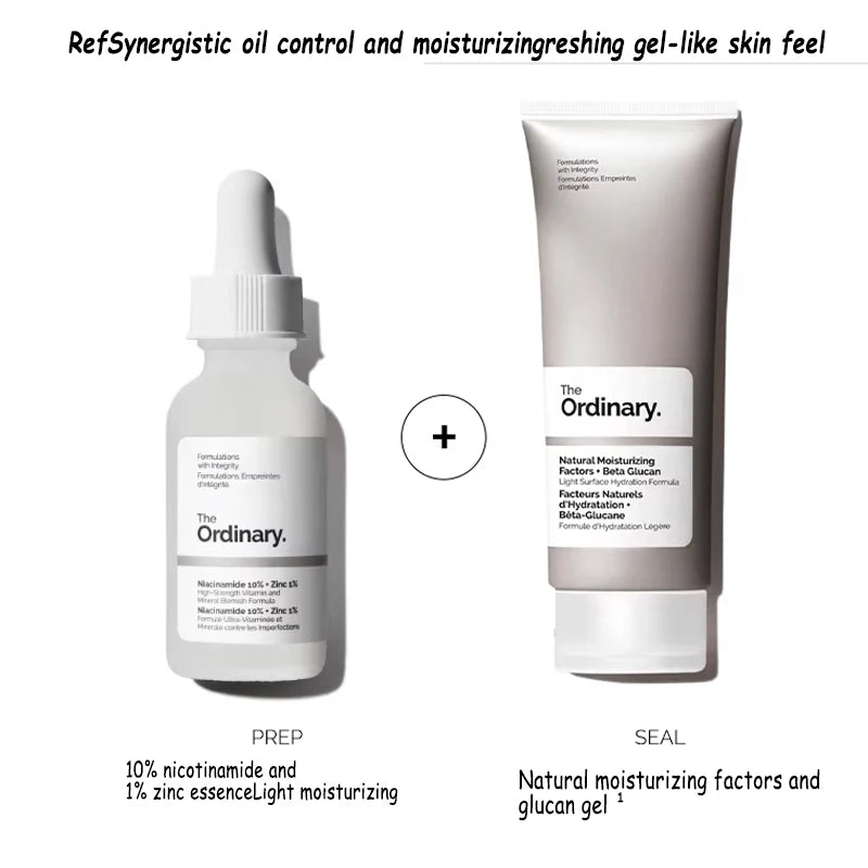 A skincare set with a white dropper bottle of niacinamide serum and a grey tube of moisturizing gel.
