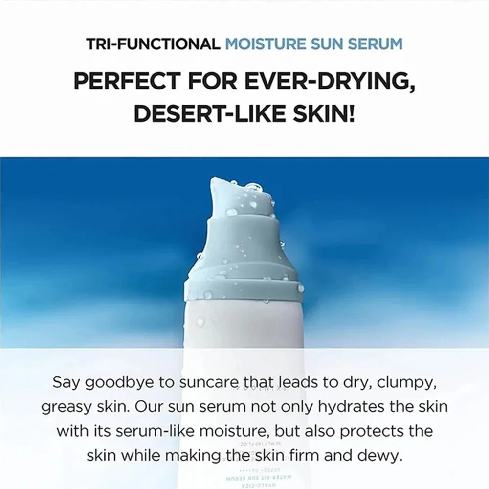 White pump bottle of tri-functional moisture sun serum with blue accents, ideal for hydrating and firming dry skin.