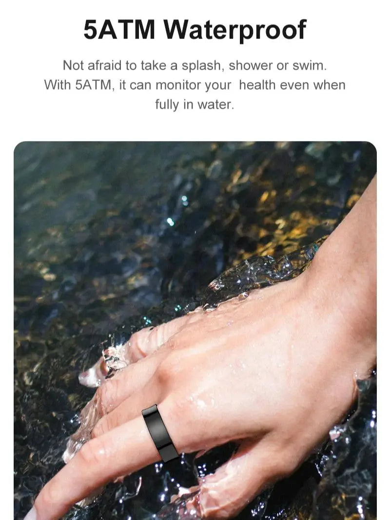 Sleek black smart health monitoring ring worn on a finger in water, highlighting its waterproof design.
