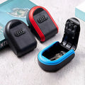 Three black plastic portable key lock boxes with red, blue, and black trim and four-digit combination dials.