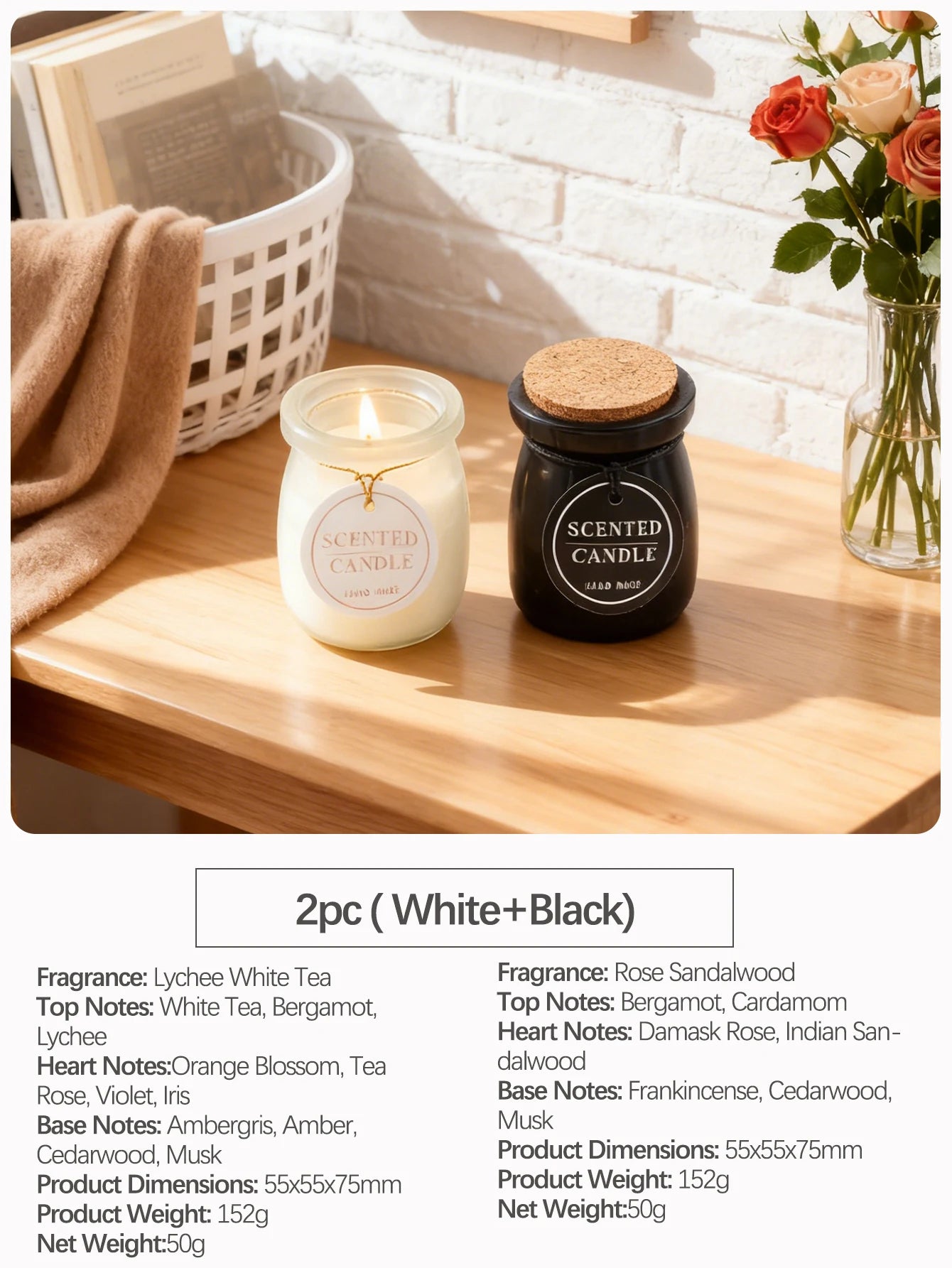 Set of two small jar candles: one white in clear glass, one black with a cork lid, both with "Scented Candle" labels.