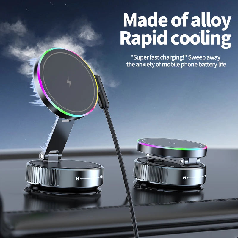 Foldable alloy phone car mount with RGB light ring and integrated fast-charging pad in black.