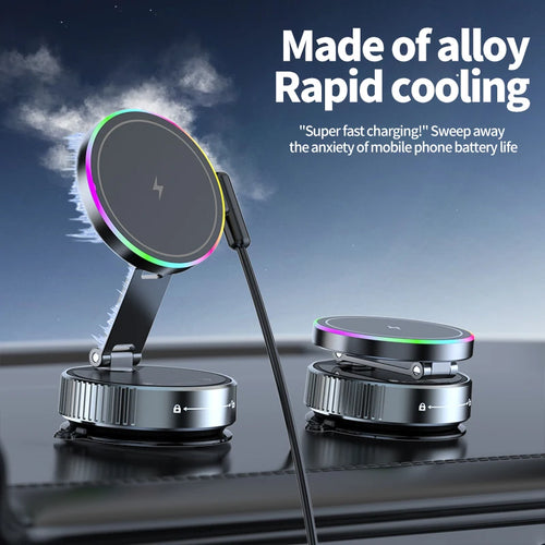 Foldable alloy phone car mount with RGB light ring and integrated fast-charging pad in black.