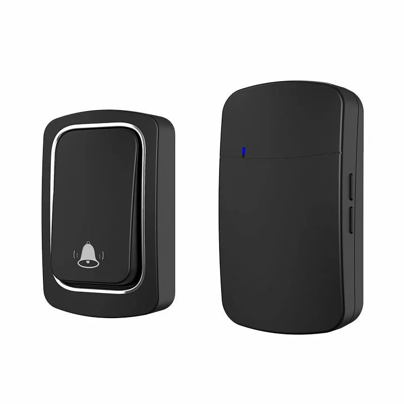 Black self-powered wireless doorbell set with a push button and plug-in receiver unit.