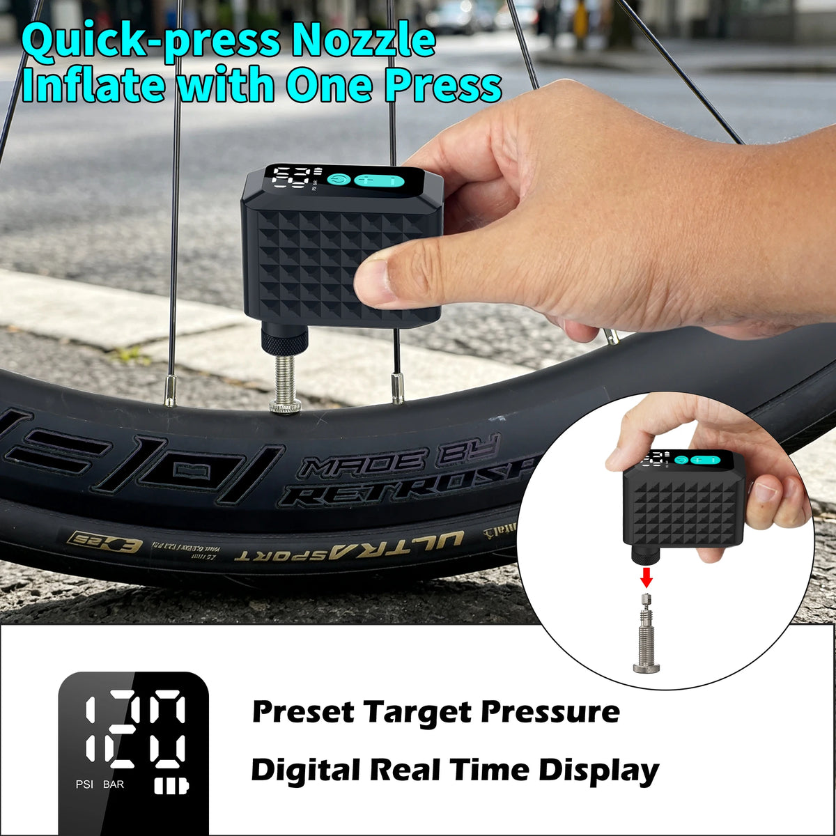 Compact black electric bike pump with digital gauge attached to a bicycle tire valve.