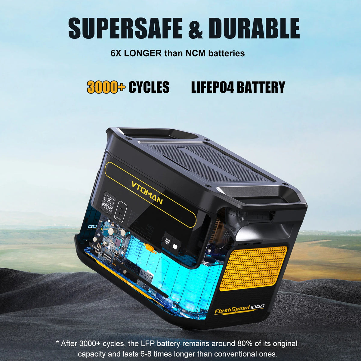 VTOMAN FlashSpeed 1000 portable power station with internal blue-lit LiFePO4 battery and circuitry visible.