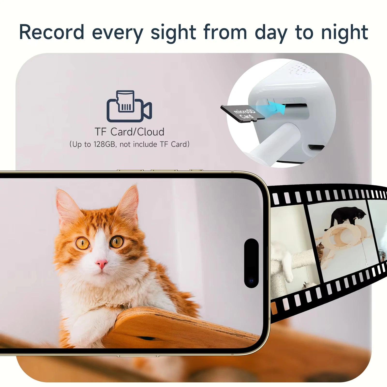 White mini WiFi security camera showing a microSD card slot and clear, full-colour pet footage on a smartphone screen.