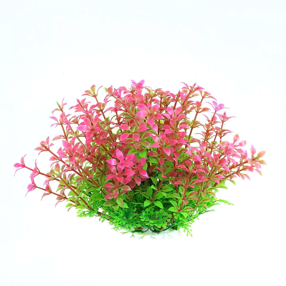 Artificial aquarium plant with bright pink-tipped leaves transitioning to green at the base, isolated on white.