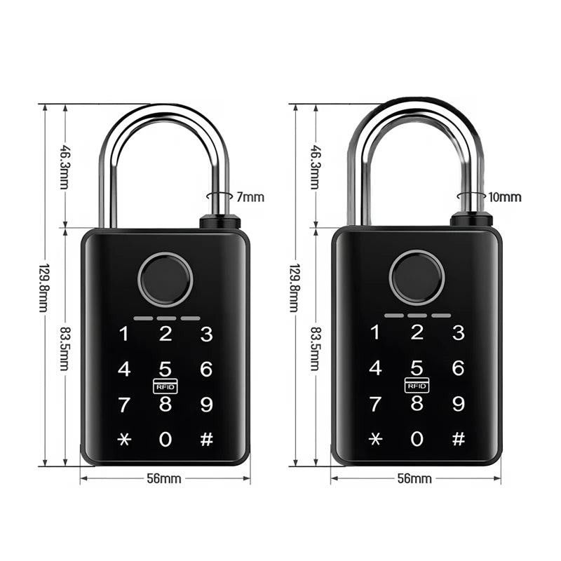 Two black metal smart padlocks with digital keypads, RFID sensors, and dimensions shown in millimeters.