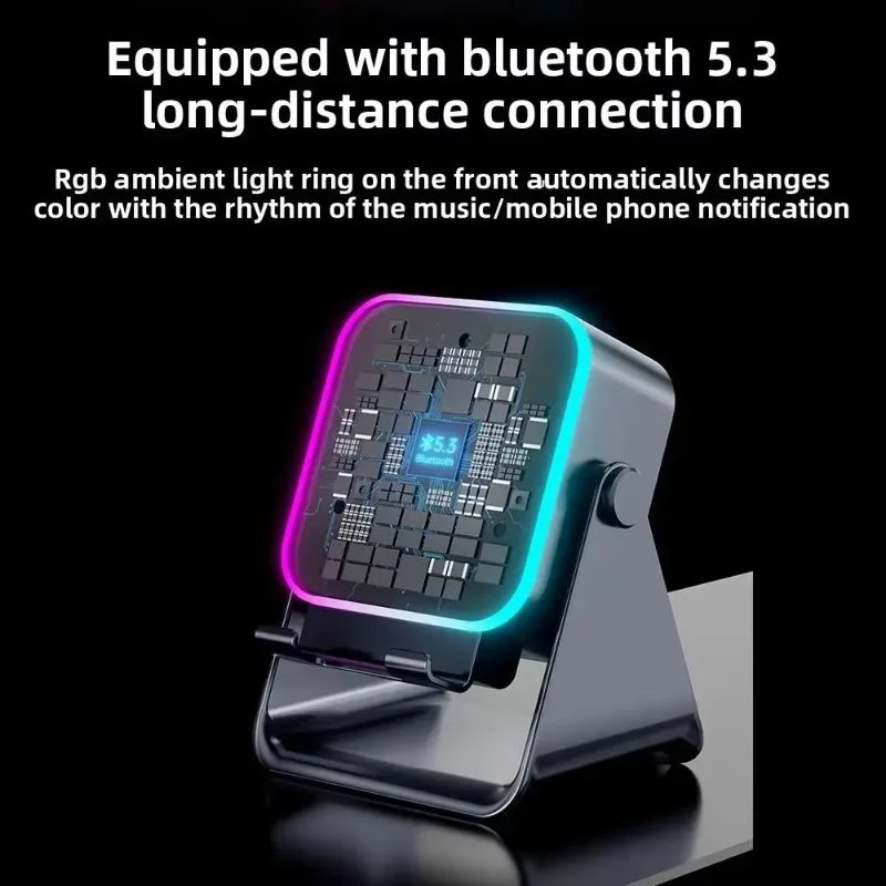 Black wireless speaker phone stand featuring a colour-changing RGB light ring and Bluetooth 5.3 technology.