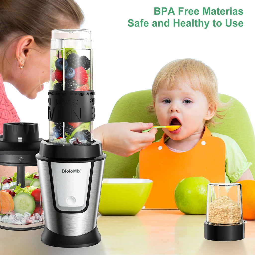 Stainless steel personal blender with black accents, shown with attachments filled with fruit and grains.