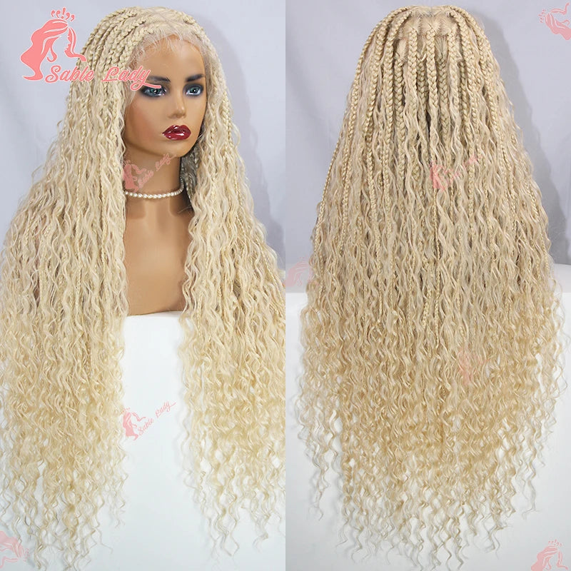 32-inch blonde bohemian box braid wig with long curly ends, shown from front and back on a mannequin.