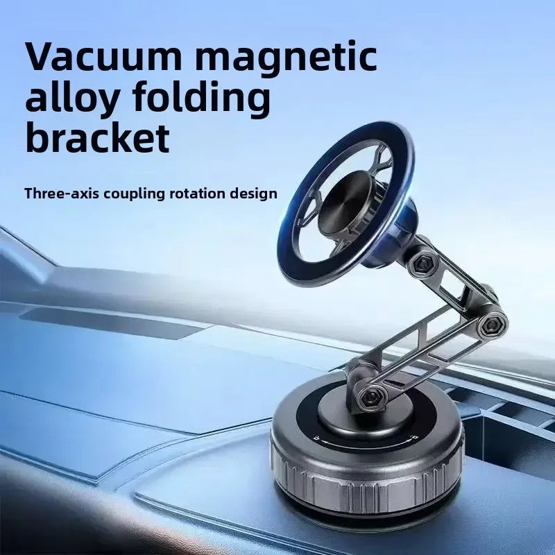 Grey, foldable magnetic alloy phone mount with a three-axis rotating arm, mounted on a car dashboard.