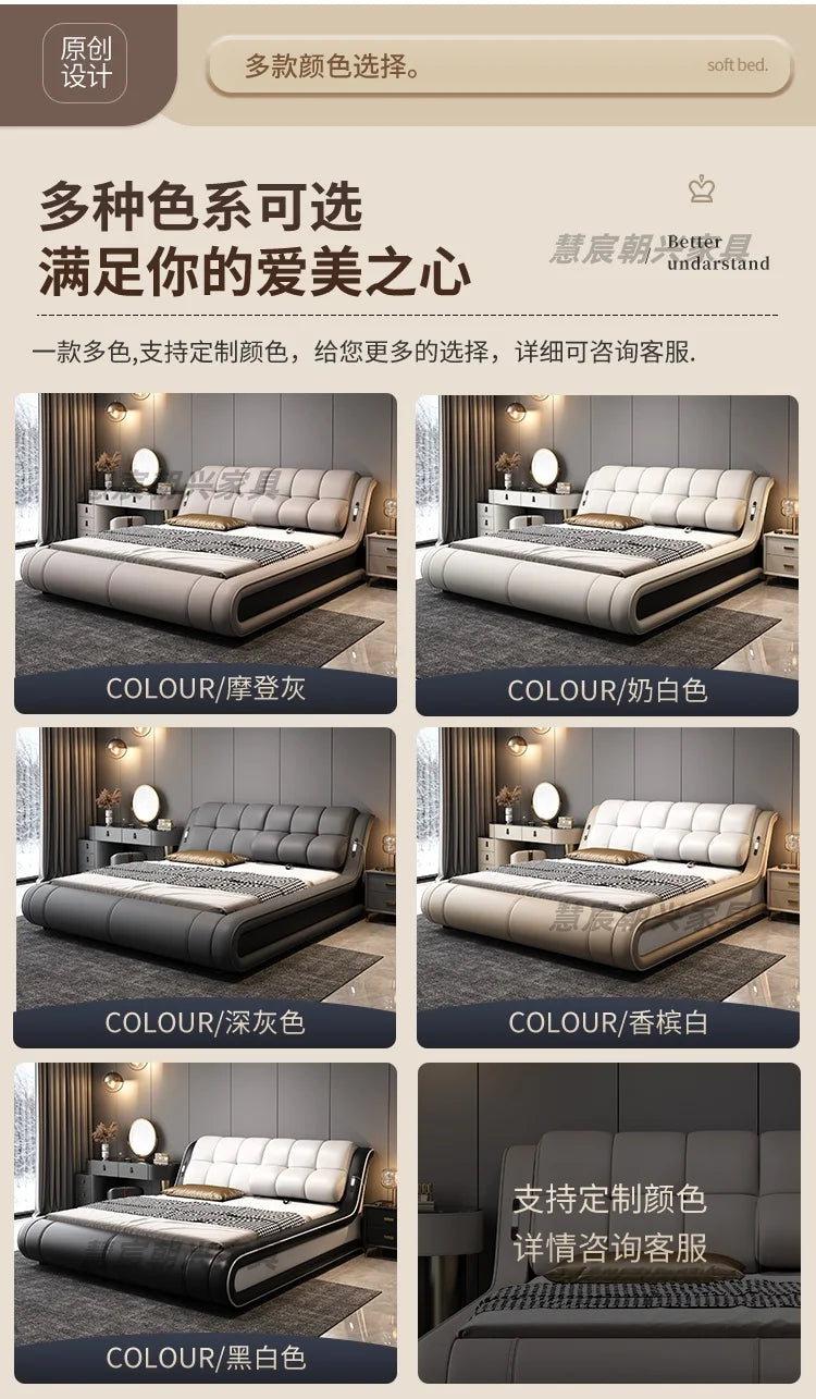 Modern genuine leather bed frames in various neutral colours, featuring a sleek, low-profile design and padded headboard.