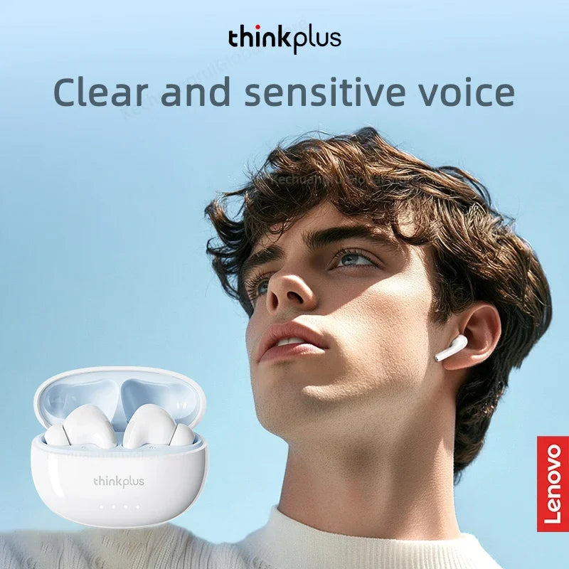 Young man wearing sleek white wireless earbuds, with an open charging case shown in the foreground.