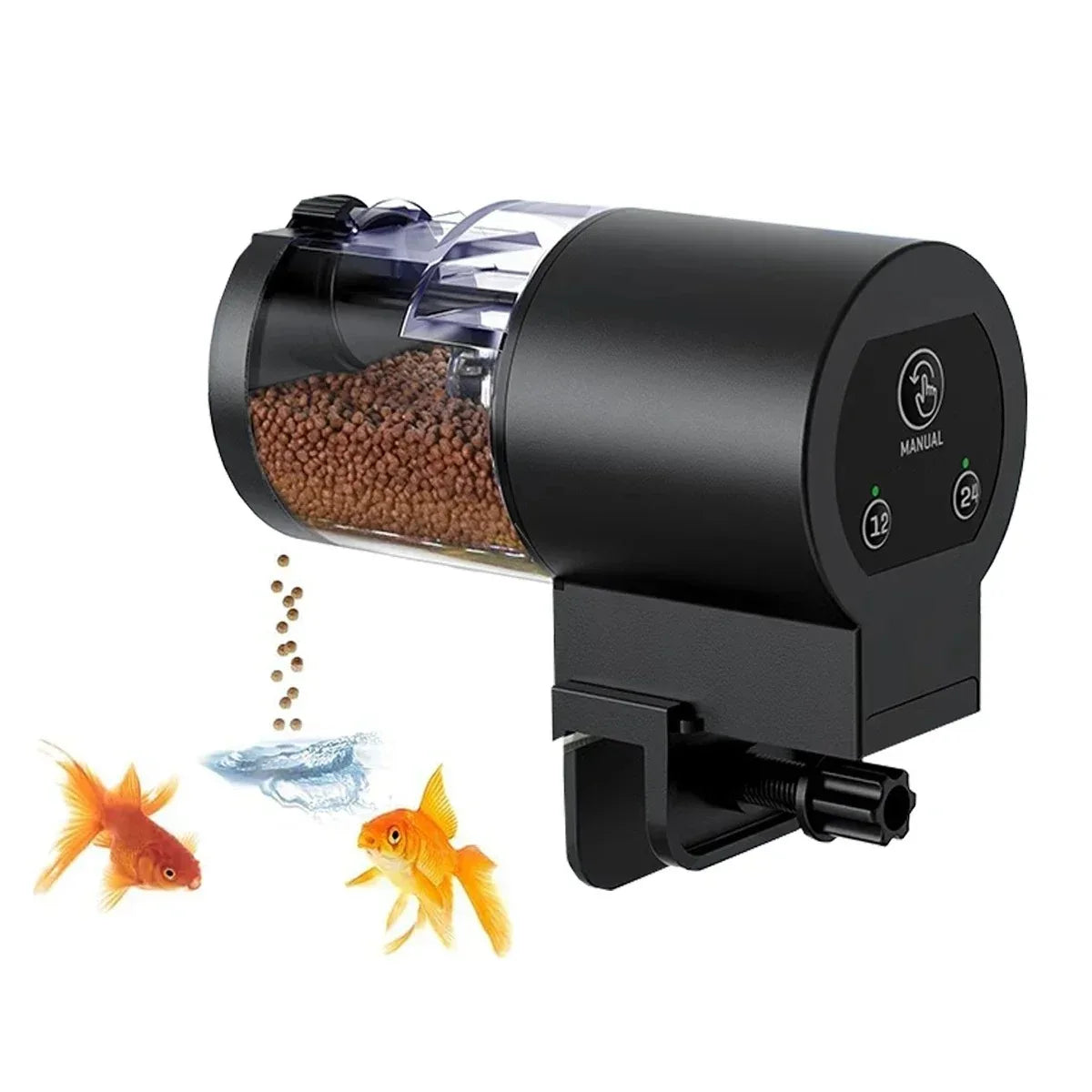 Black automatic aquarium fish feeder with a clear food drum, manual/timer settings, and clamp mount for tank edges.