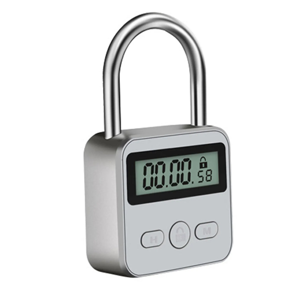 Silver metal padlock with a digital timer display and three control buttons on the front.