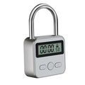 Silver metal padlock with a digital timer display and three control buttons on the front.