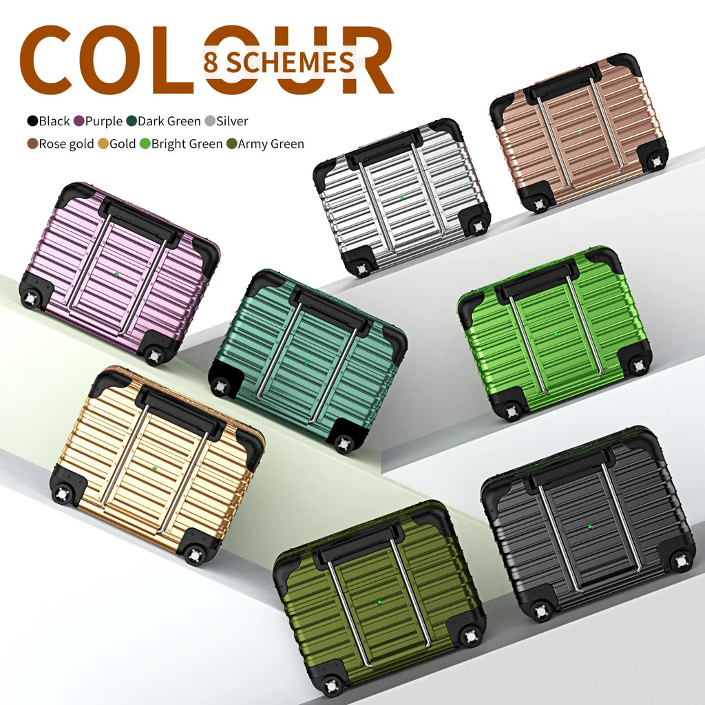 Eight metallic, luggage-style AirPods cases in various colours, featuring a ribbed design and protective corner detail.