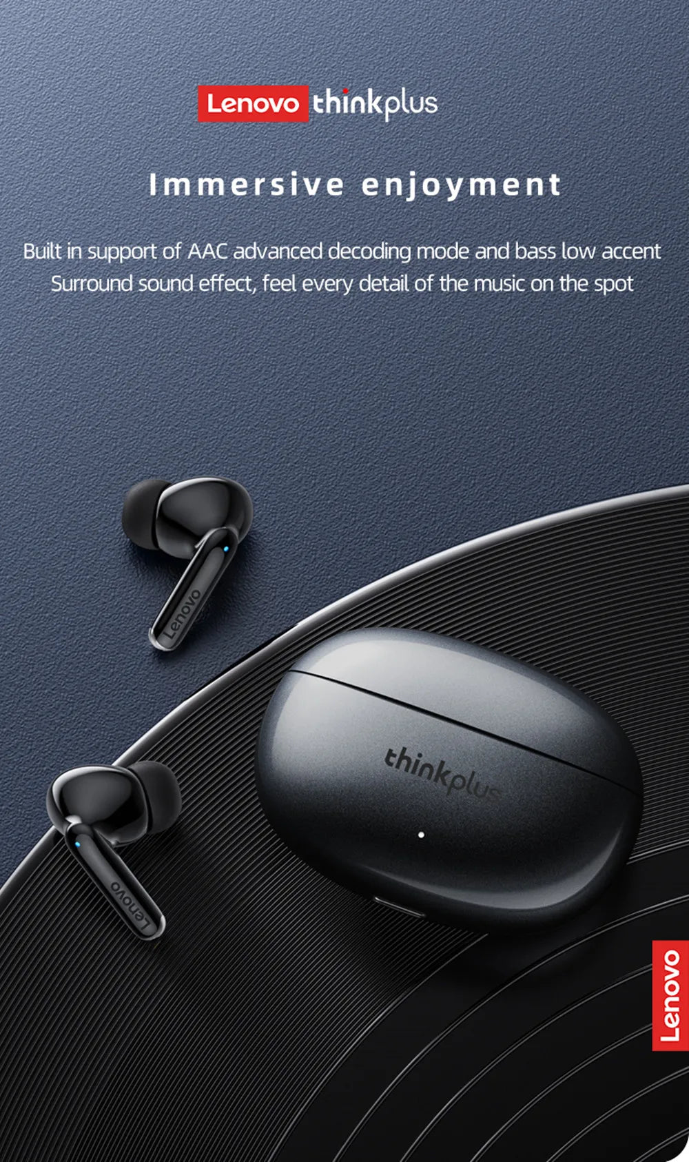 Glossy black wireless earbuds and their matching oval charging case on a textured background.