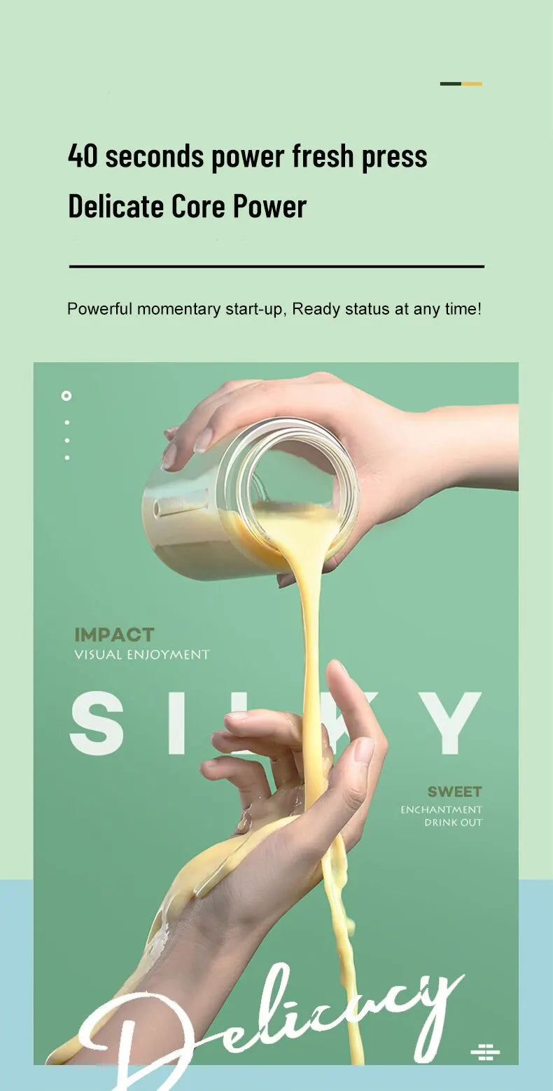 Hand pouring a smoothie from a sleek, minimalist portable blender against a soft green promotional background.