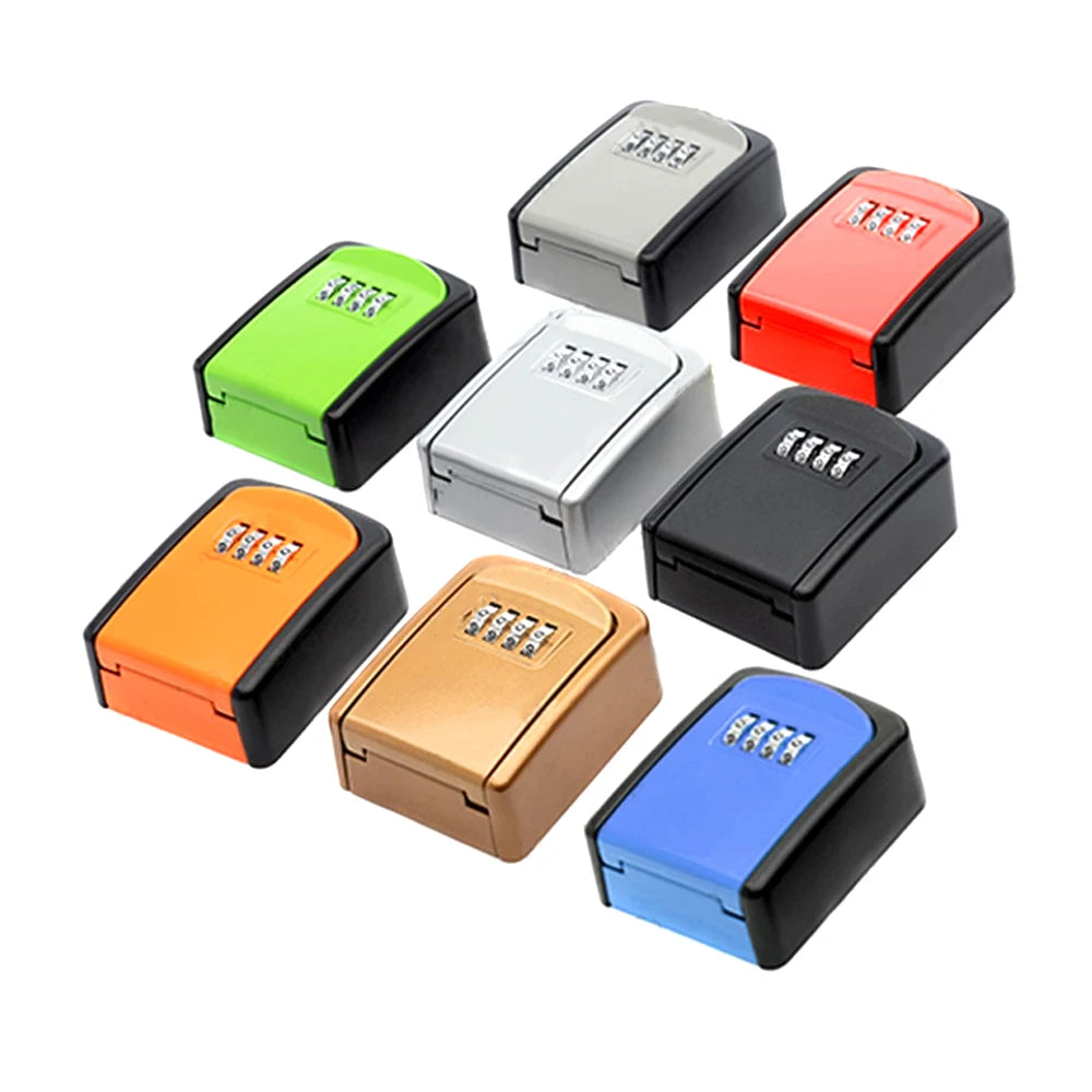 A collection of eight colorful, portable key lock boxes with 4-digit combination dials and black base accents.