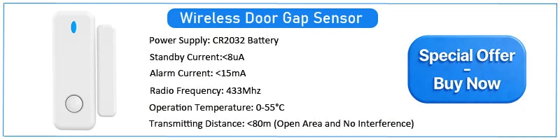 White wireless door gap sensor with a blue LED indicator and technical specifications, including a special offer button.