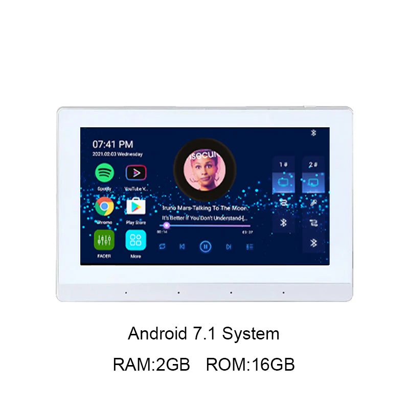 White 7-inch in-wall Android smart touch screen amplifier displaying a music interface with app icons.