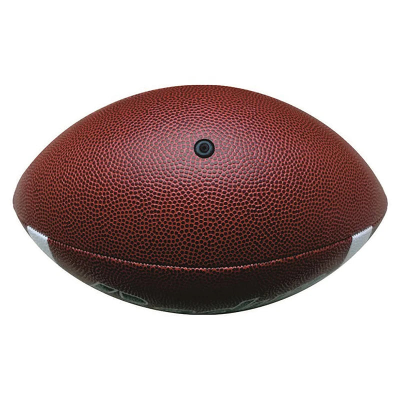 Brown American football with a textured, pebbled leather surface and a black inflation valve.