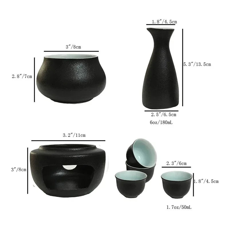 Matte black ceramic sake set with white interiors, including a bottle, four cups, warmer bowl, and stove, with dimensions.