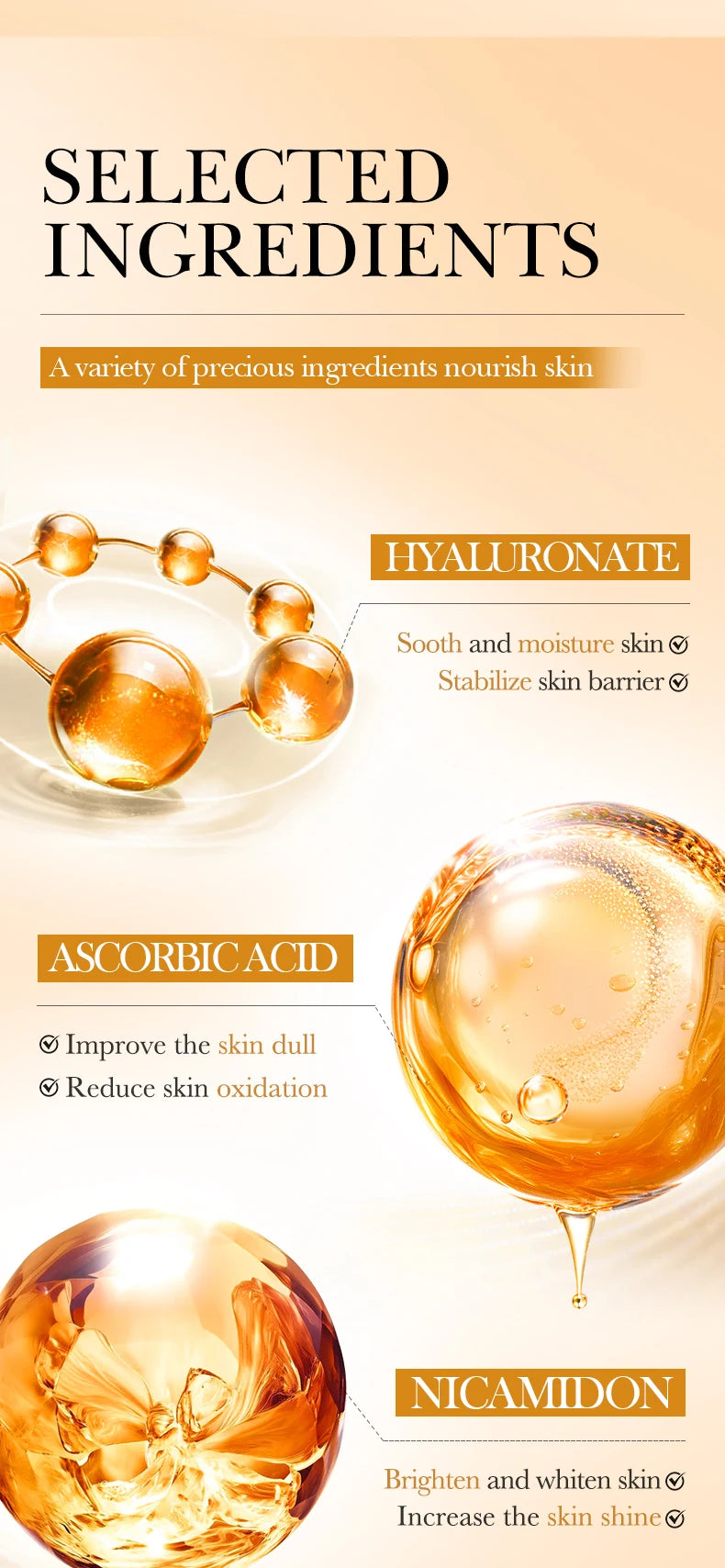 Infographic showing skincare ingredients: Hyaluronate, Ascorbic Acid, and Nicamidon with golden, glowing liquid orbs.