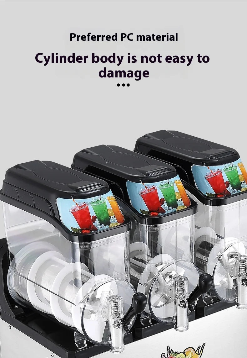 Commercial three-tank slushie machine with a stainless steel base, black lids, and clear, durable mixing cylinders.