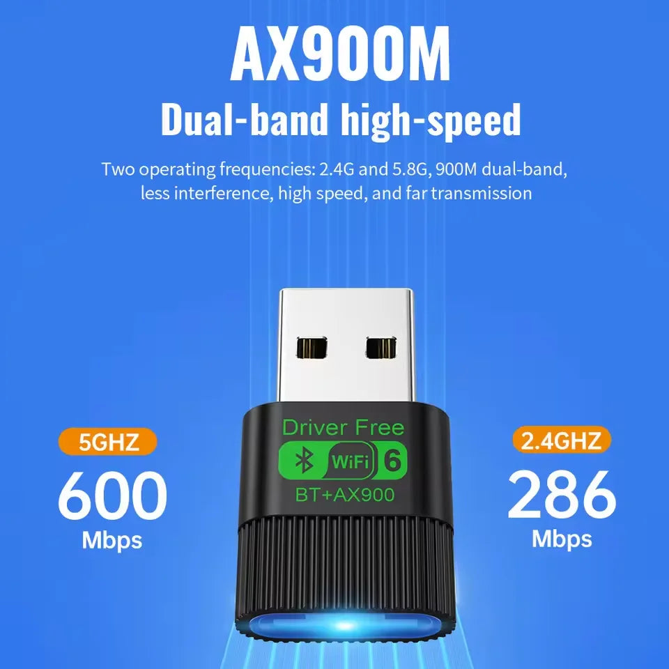 Black USB wireless network adapter featuring WiFi 6 and Bluetooth technology, shown against a blue background.