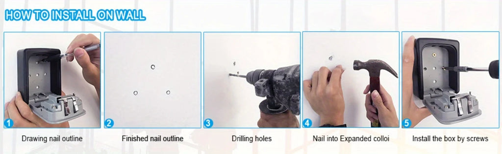 Five-step instructional guide showing how to drill and screw a black metal wall-mounted key storage lock box.