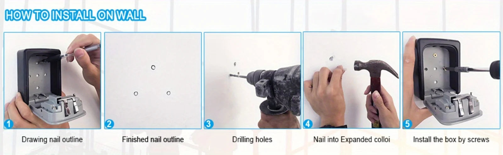 Five-step instructional guide showing how to drill and screw a black metal wall-mounted key storage lock box.