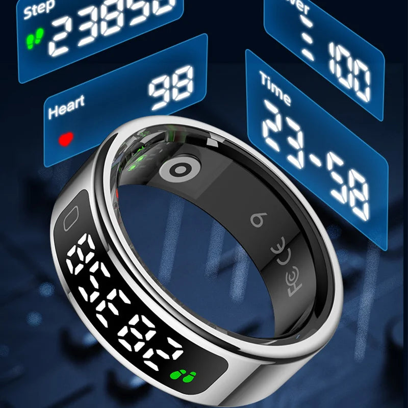Sleek silver smart health ring with a black LED display showing steps, heart rate, and time data.