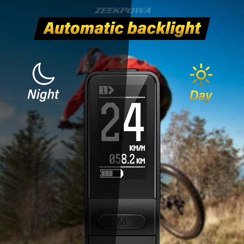 Black Bafang SW102 e-bike LCD display showing speed and battery, with day and night automatic backlight.