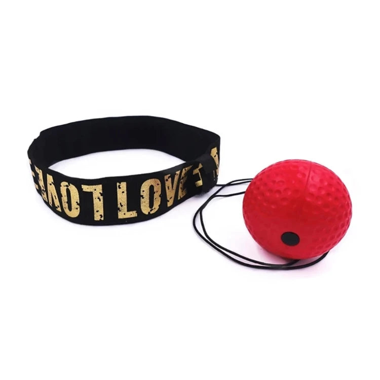 Red reflex boxing ball attached by a black elastic cord to a black headband with gold text.