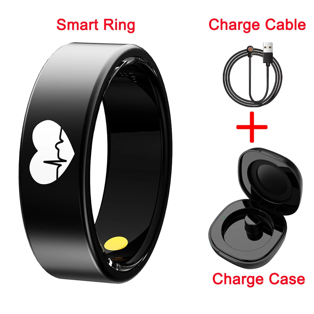 Sleek black smart fitness ring featuring a heart icon, with a matching charging cable and portable charging case.