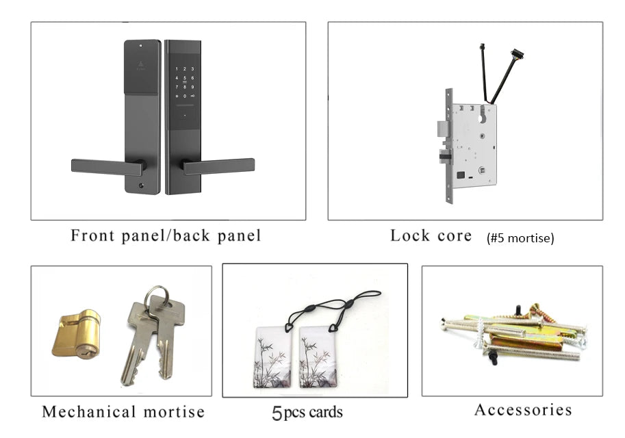 Black electronic door lock set with keypad, internal mortise, brass mechanical cylinder, cards, and installation screws.
