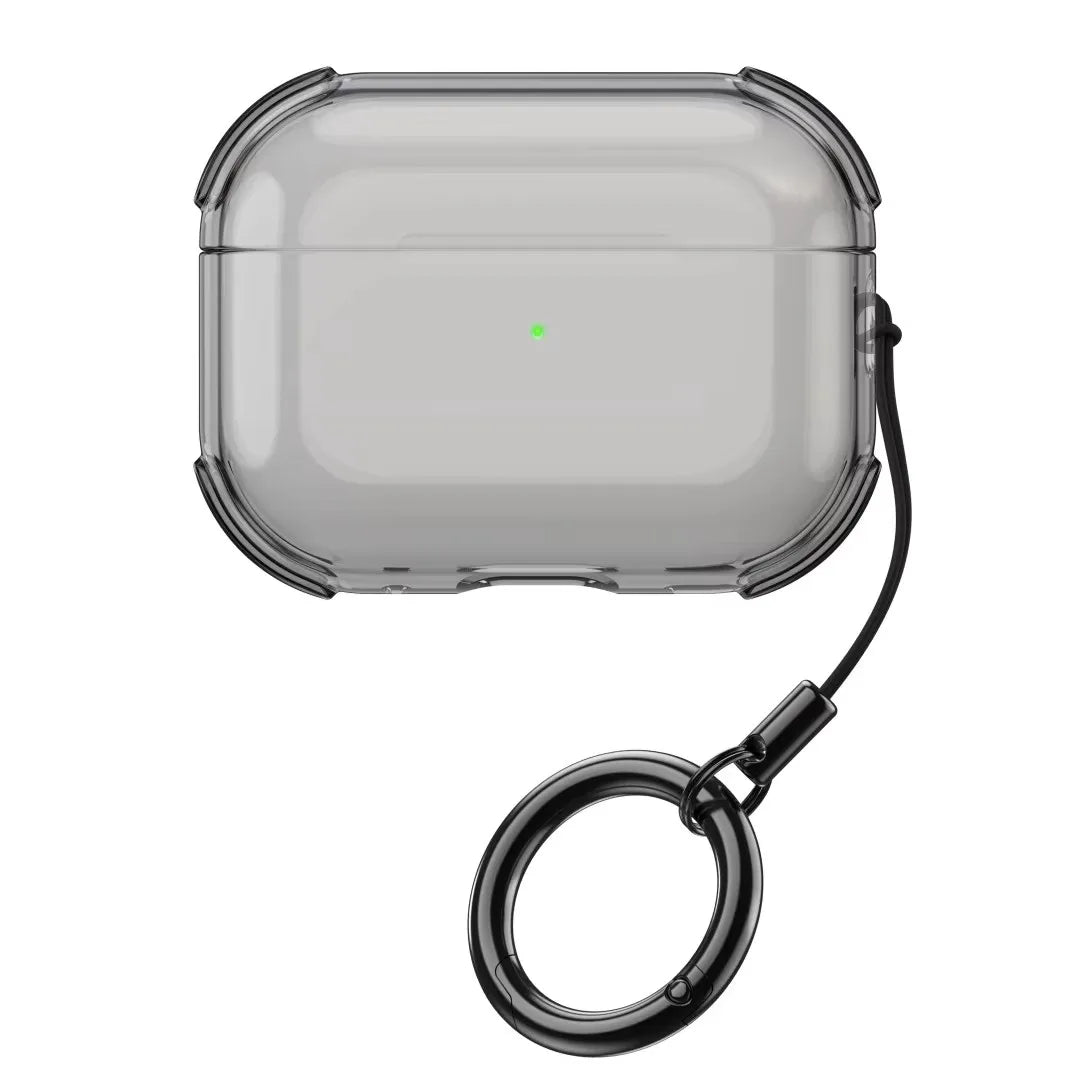 Clear, shockproof silicone case for AirPods Pro with a black attachment ring.