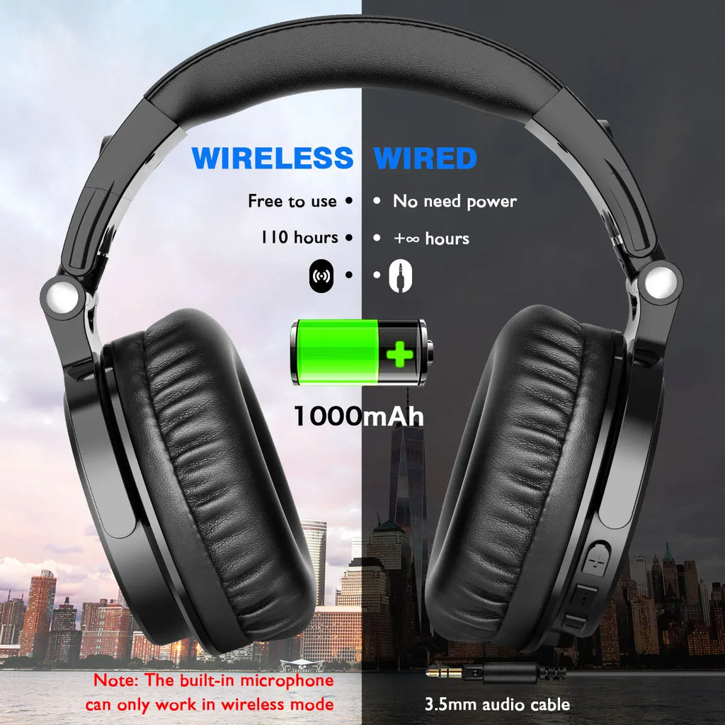 Black wireless over-ear headphones with plush ear cushions, featuring both Bluetooth and wired connection options.