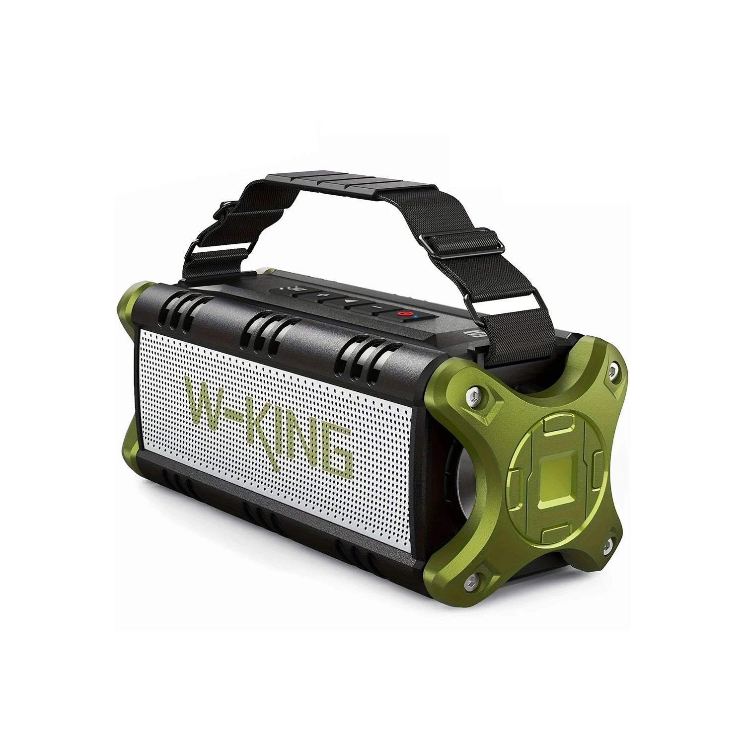 Rugged black and olive green portable wireless speaker with a carry strap and top-mounted control buttons.
