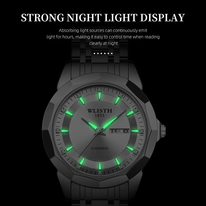 Classic men’s black stainless steel business watch with a luminous dial and hands for clear night-time visibility.