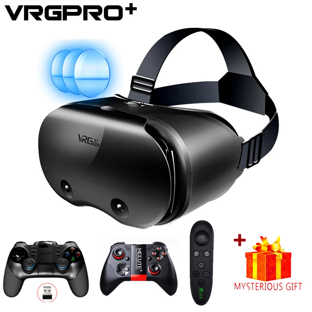 Black VR headset with adjustable head straps, lenses, and two game controllers and a remote.