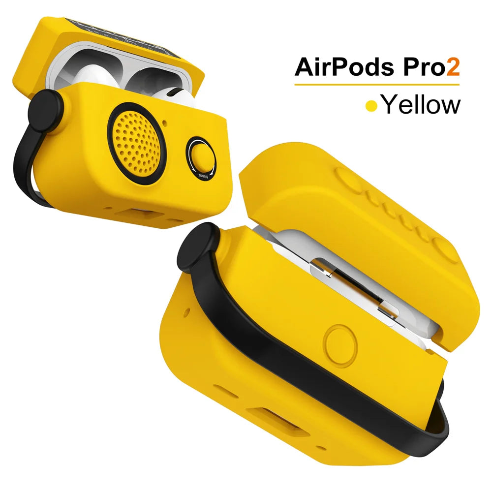 Yellow silicone case for AirPods Pro 2, designed like a retro portable radio.